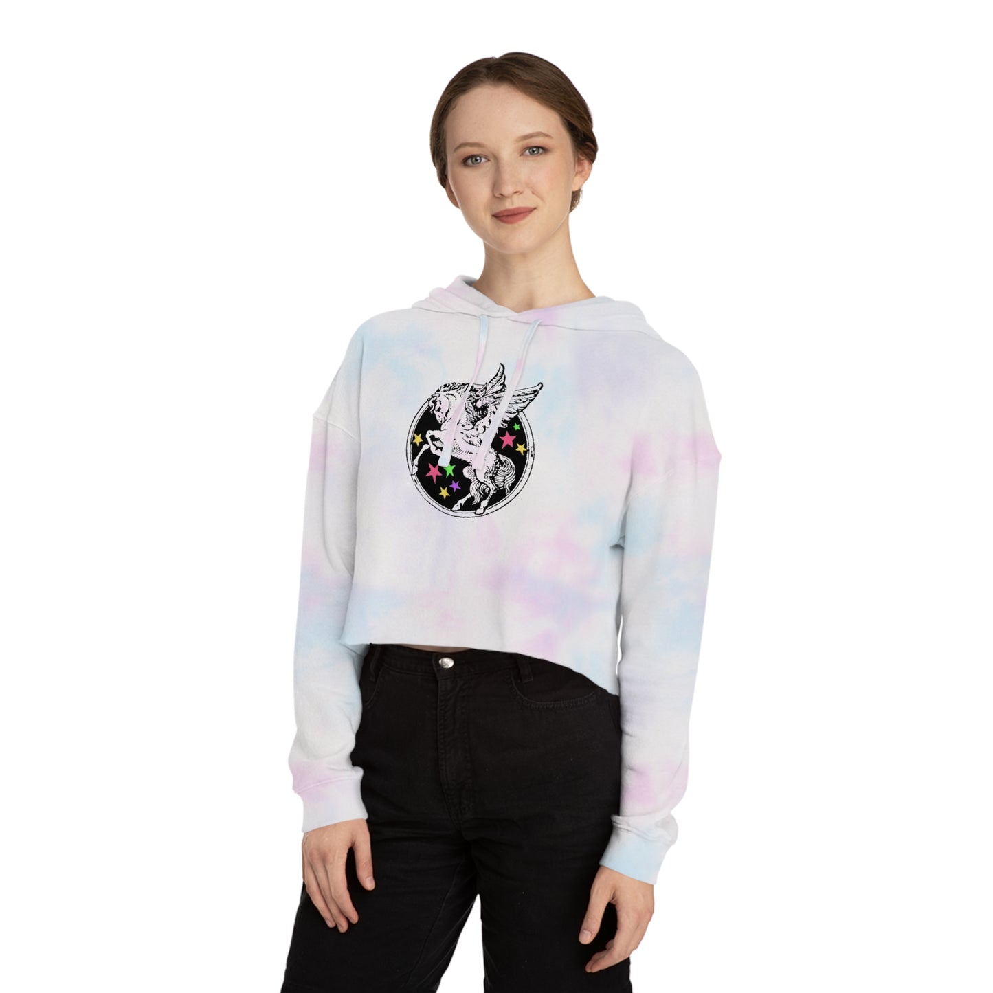 Black Pegasus and Stars Cropped Hooded Sweatshirt