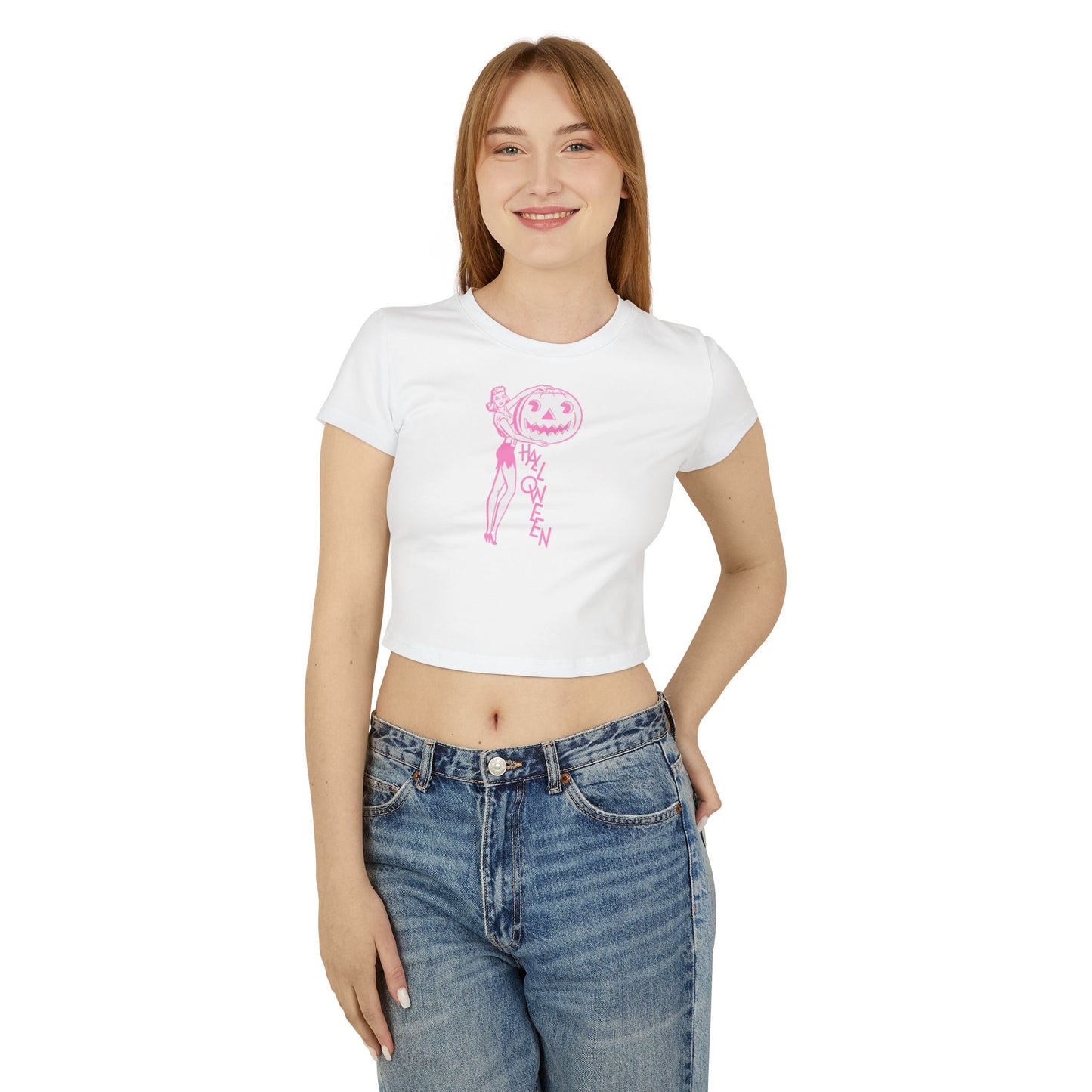 Pink Retro Lady with Pumpkin Organic Cotton Baby Tee