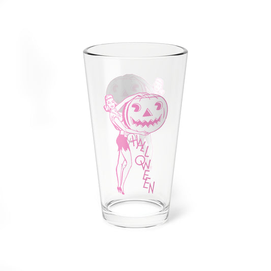 Retro Lady with Pumpkin Halloween Drinking Glass in Pastel Pink