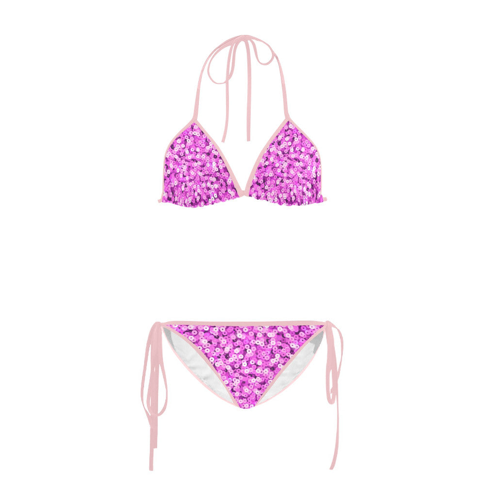 Pink sequin bikini set on a white background
