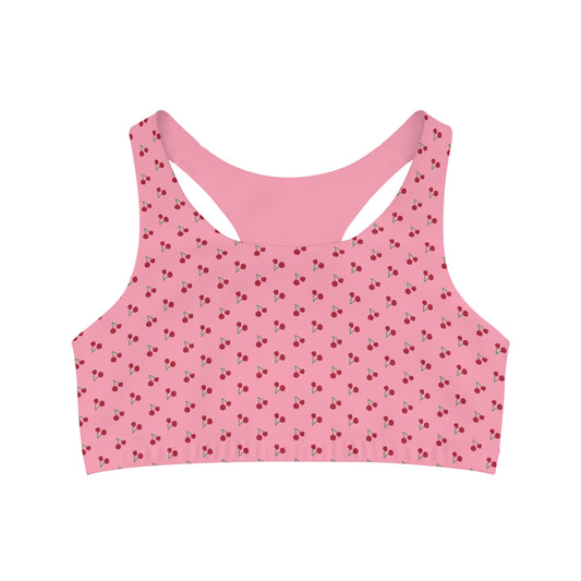 Pink Cherry Print Sports Bra