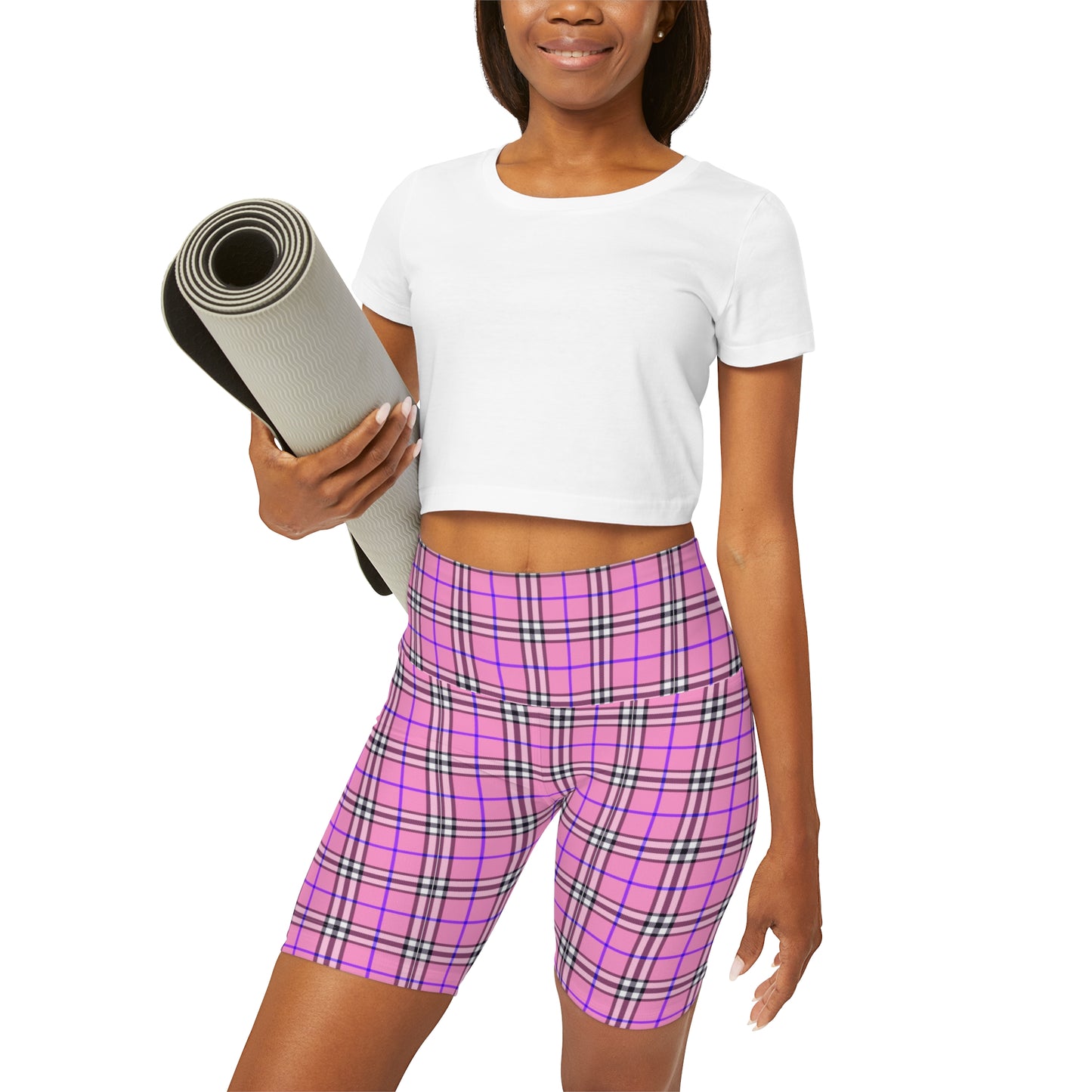 Pink Plaid High Waisted Yoga Shorts